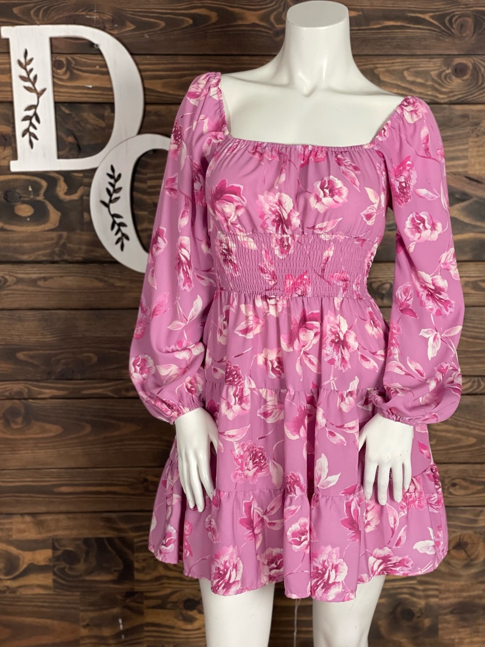 Pie In The Sky | Pink Floral Smocked Waist Long-Sleeve Mini Dress Tiered Ruffle